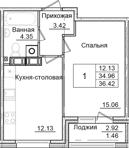 1-комнатная квартира 36.42 м², 2/9 эт., ЖК «Квартал Заречье»